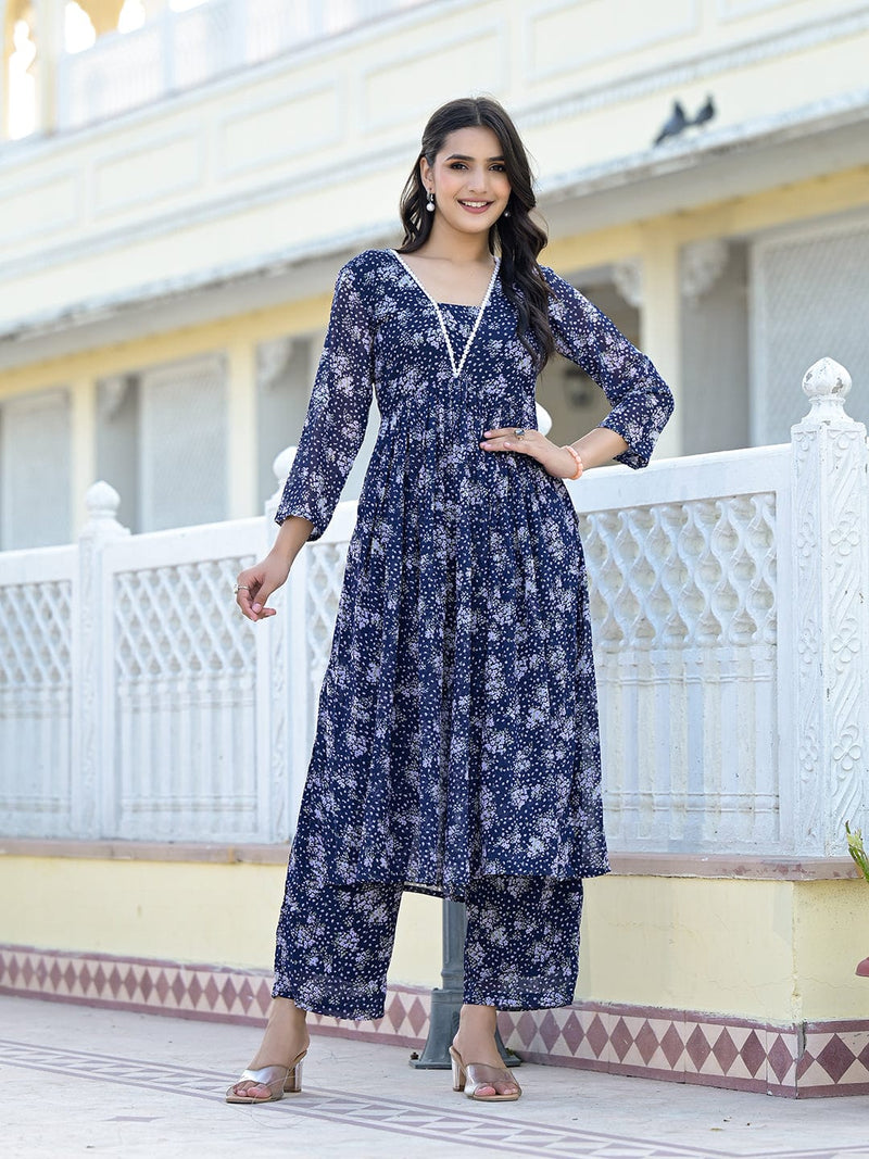 Varanga Women Navy Blue All over Floral Printed Pleated Empire Kurta Paired With Tonal Bottom