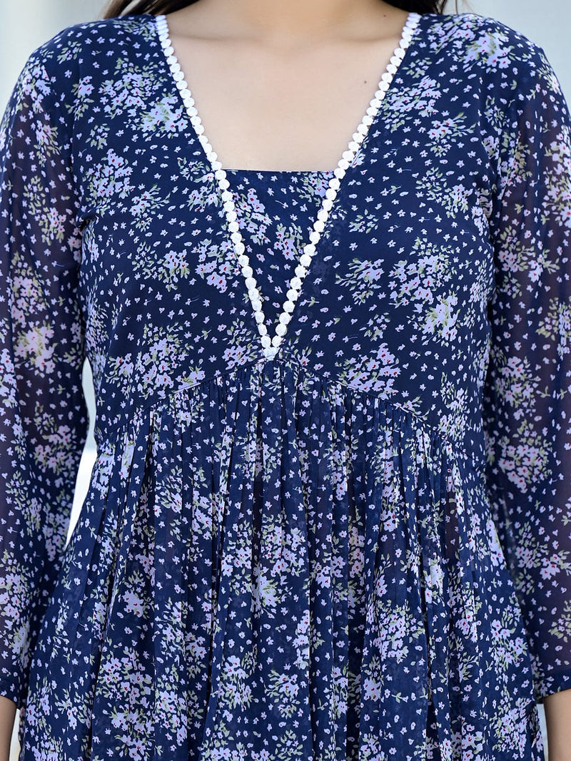 Varanga Women Navy Blue All over Floral Printed Pleated Empire Kurta Paired With Tonal Bottom