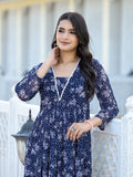 Varanga Women Navy Blue All over Floral Printed Pleated Empire Kurta Paired With Tonal Bottom