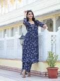 Varanga Women Navy Blue All over Floral Printed Pleated Empire Kurta Paired With Tonal Bottom