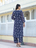 Varanga Women Navy Blue All over Floral Printed Pleated Empire Kurta Paired With Tonal Bottom