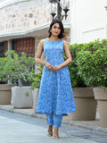 Varanga Women Blue Bandhani Printed Kurta Spaghetti Strap With Drawstring Paired With Tonal Printed Bottom