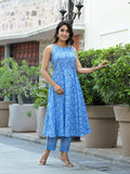 Varanga Women Blue Bandhani Printed Kurta Spaghetti Strap With Drawstring Paired With Tonal Printed Bottom