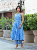 Varanga Women Blue Bandhani Printed Kurta Spaghetti Strap With Drawstring Paired With Tonal Printed Bottom