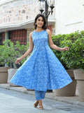 Varanga Women Blue Bandhani Printed Kurta Spaghetti Strap With Drawstring Paired With Tonal Printed Bottom