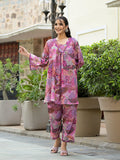 Varanga Women Purple Abstract Printed V-Neck A-Line Kurta Paired With Tonal Bottom