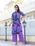 Varanga Abstract Printed Mandarin Collar, High Low Straight Kurta With Side Slits Paired With Tonal Bottom