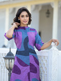 Varanga Abstract Printed Mandarin Collar, High Low Straight Kurta With Side Slits Paired With Tonal Bottom