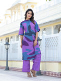 Varanga Abstract Printed Mandarin Collar, High Low Straight Kurta With Side Slits Paired With Tonal Bottom