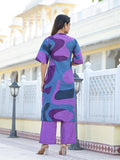 Varanga Abstract Printed Mandarin Collar, High Low Straight Kurta With Side Slits Paired With Tonal Bottom