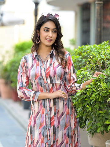 Varanga Women Multi Colour Shirt Collar Side Slit Tunic Paired With Tonal Bottom