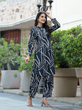 Varanga Women Black & White Abstract Printed Straight Kurta Paired With Tonal Printed Bottom