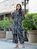 Varanga Women Black & White Abstract Printed Straight Kurta Paired With Tonal Printed Bottom