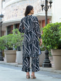 Varanga Women Black & White Abstract Printed Straight Kurta Paired With Tonal Printed Bottom