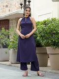 Varanga Women Purple Halter Neck Straight Kurta Paired With Tonal Bottom