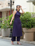 Varanga Women Purple Halter Neck Straight Kurta Paired With Tonal Bottom