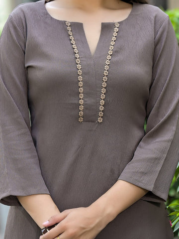 Varanga Women Taupe Crepe Round Neck Kurta With Bottom