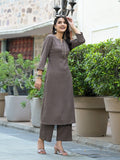 Varanga Women Taupe Crepe Round Neck Kurta With Bottom