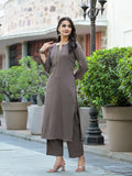 Varanga Women Taupe Crepe Round Neck Kurta With Bottom