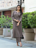 Varanga Women Taupe Crepe Round Neck Kurta With Bottom