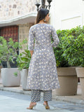 Varanga Women Grey Floral Printed Anarkali Kurta Paired With Printed Bottom And Solid Chiffon Dupatta