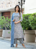 Varanga Women Grey Floral Printed Anarkali Kurta Paired With Printed Bottom And Solid Chiffon Dupatta