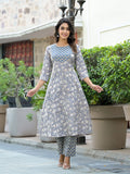 Varanga Women Grey Floral Printed Anarkali Kurta Paired With Printed Bottom And Solid Chiffon Dupatta