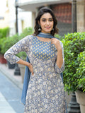 Varanga Women Grey Floral Printed Anarkali Kurta Paired With Printed Bottom And Solid Chiffon Dupatta