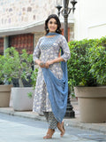 Varanga Women Grey Floral Printed Anarkali Kurta Paired With Printed Bottom And Solid Chiffon Dupatta