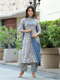 Varanga Women Grey Floral Printed Anarkali Kurta Paired With Printed Bottom And Solid Chiffon Dupatta