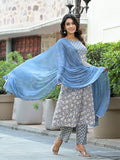 Varanga Women Grey Floral Printed Anarkali Kurta Paired With Printed Bottom And Solid Chiffon Dupatta