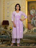 Varanga Women Lavender Embroidered A-Line Empire Kurta Paired With Tonal Bottom And Tonal Embroidered Dupatta