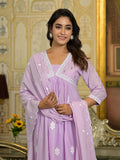 Varanga Women Lavender Embroidered A-Line Empire Kurta Paired With Tonal Bottom And Tonal Embroidered Dupatta