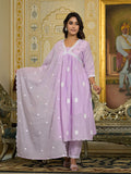 Varanga Women Lavender Embroidered A-Line Empire Kurta Paired With Tonal Bottom And Tonal Embroidered Dupatta