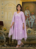 Varanga Women Lavender Embroidered A-Line Empire Kurta Paired With Tonal Bottom And Tonal Embroidered Dupatta