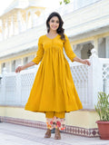 Varanga Women Mustard Empire Gathered Details Anarkali Kurta Paired With Printed Bottom And Dupatta