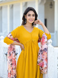 Varanga Women Mustard Empire Gathered Details Anarkali Kurta Paired With Printed Bottom And Dupatta