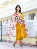 Varanga Women Mustard Empire Gathered Details Anarkali Kurta Paired With Printed Bottom And Dupatta