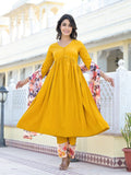 Varanga Women Mustard Empire Gathered Details Anarkali Kurta Paired With Printed Bottom And Dupatta