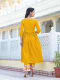 Varanga Women Mustard Empire Gathered Details Anarkali Kurta Paired With Printed Bottom And Dupatta