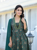 Varanga Women Green Floral Printed Gotta Lace Embellished A-Line Kurta With Straight Bottom And Dupatta