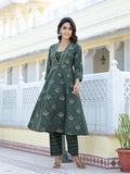 Varanga Women Green Floral Printed Gotta Lace Embellished A-Line Kurta With Straight Bottom And Dupatta