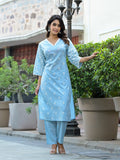 Varanga Women Blue Chikankari Embroidered V Neck Kurta Set With Dupatta