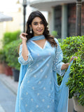 Varanga Women Blue Chikankari Embroidered V Neck Kurta Set With Dupatta