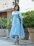 Varanga Women Blue Chikankari Embroidered V Neck Kurta Set With Dupatta