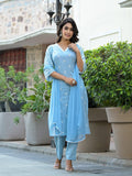 Varanga Women Blue Chikankari Embroidered V Neck Kurta Set With Dupatta