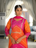Varanga Pink & Orange Bandhani Printed Round Neck Embroidered Yoke Straight Kurta Paired With Tonal Bottom And Dupatta