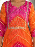 Varanga Pink & Orange Bandhani Printed Round Neck Embroidered Yoke Straight Kurta Paired With Tonal Bottom And Dupatta