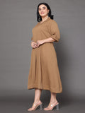 Varanga Women Plus Size Beige Shirt Collar A Line Dress