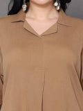 Varanga Women Plus Size Beige Shirt Collar A Line Dress